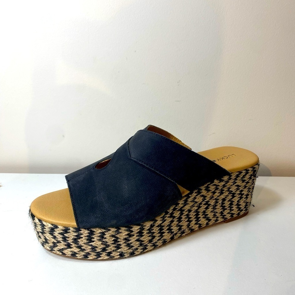 Lucky Brand Black Wedge Heel Platform Leather Sandals Size 9.5 vacation